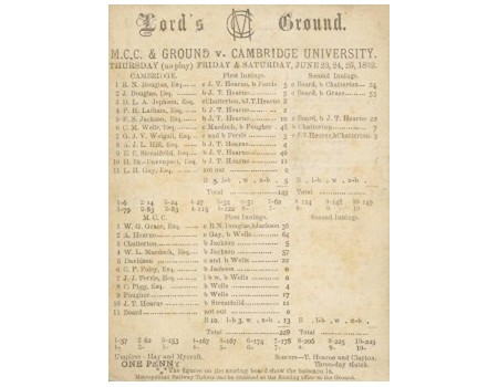 M.C.C. AND GROUND V CAMBRIDGE UNIVERSITY 1892 CRICKET SCORECARD