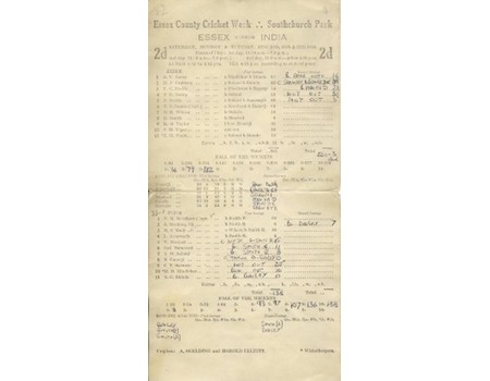 ESSEX V INDIA 1946 CRICKET SCORECARD - INDIA WIN BY 1 WICKET