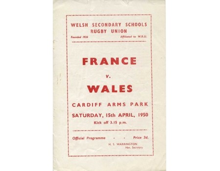 WALES SCHOOLS V FRANCE SCHOOLS 1950 RUGY PROGRAMME