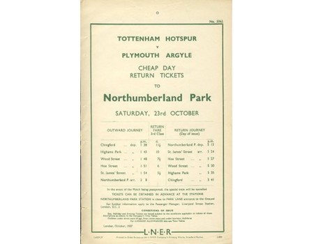 TOTTENHAM HOTSPUR V PLYMOUTH ARGYLE 1937 FOOTBALL RAILWAY HANDBILL