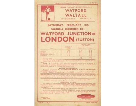 WATFORD V WALSALL 1950 FOOTBALL RAILWAY HANDBILL