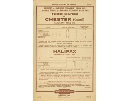 CHESTER CITY V OLDHAM ATHLETIC 1950 (RAILWAY HANDBILL)
