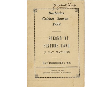 BARBADOS CRICKET SEASON 1932 (2ND XI FIXTURE CARD)