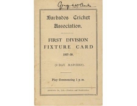 BARBADOS CRICKET SEASON 1937-38 (1ST DIVISION FIXTURE CARD)