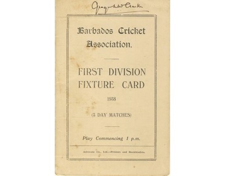 BARBADOS CRICKET SEASON 1938 (1ST DIVISION FIXTURE CARD)