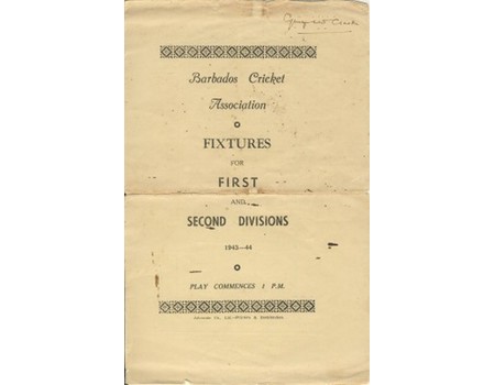 BARBADOS CRICKET SEASON 1943-44 (FIXTURE CARD)