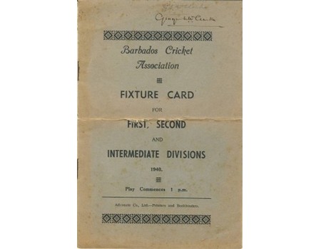 BARBADOS CRICKET SEASON 1940 (FIXTURE CARD)
