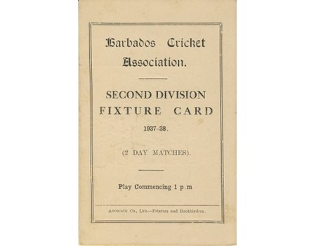 BARBADOS CRICKET SEASON 1937-38 (2ND DIVISION FIXTURE CARD)