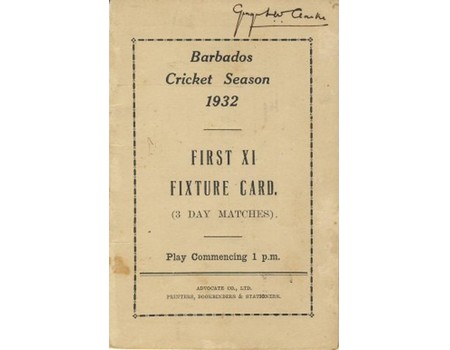BARBADOS CRICKET SEASON 1932 (FIXTURE CARD)