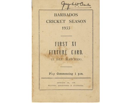 BARBADOS CRICKET SEASON 1933 (FIXTURE CARD)