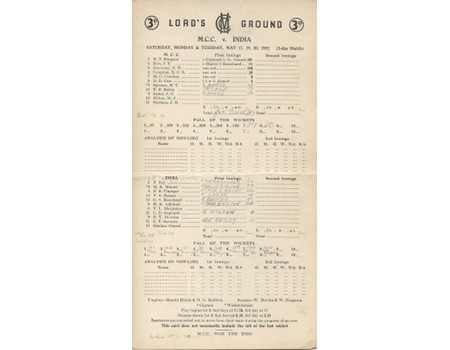 MCC V INDIA 1952 (LORD