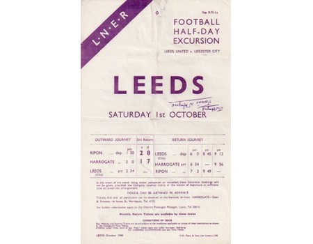 LEEDS UNITED V LEICESTER CITY 1938 FOOTBALL RAILWAY HANDBILL