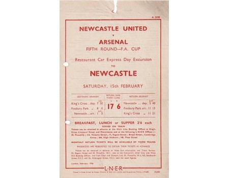 NEWCASTLE UNITED V ARSENAL 1936 FOOTBALL RAILWAY HANDBILL