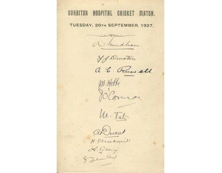 SURBITON HOSPITAL CRICKET MATCH 1927 (SIGNED CARD - HOBBS, SANDHAM, TATE ETC.)