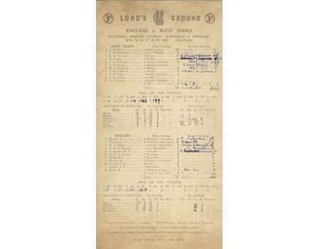 ENGLAND V WEST INDIES 1950 (LORDS) CRICKET SCORECARD - WEST INDIES FIRST WIN IN ENGLAND