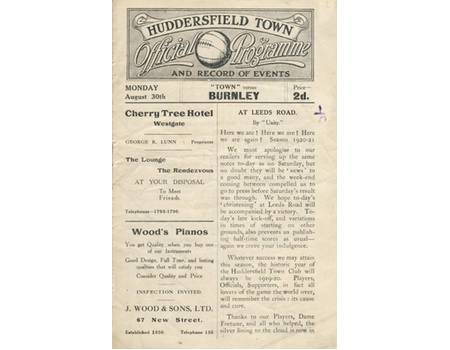 HUDDERSFIELD TOWN V BURNLEY 1920-21 FOOTBALL PROGRAMME (BURNLEY CHAMPIONSHIP)