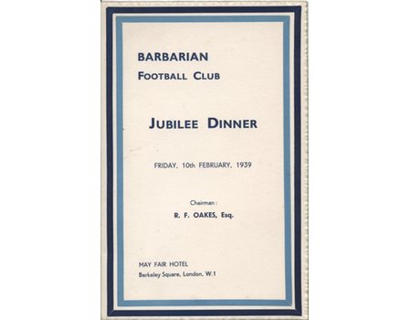 BARBARIANS JUBILEE DINNER 1939 MENU CARD