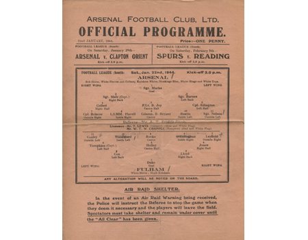 ARSENAL V FULHAM 1943-44 FOOTBALL PROGRAMME
