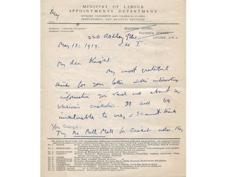 PLUM WARNER (MIDDLESEX & ENGLAND) 1919 CRICKET LETTER - TO D.J. KNIGHT