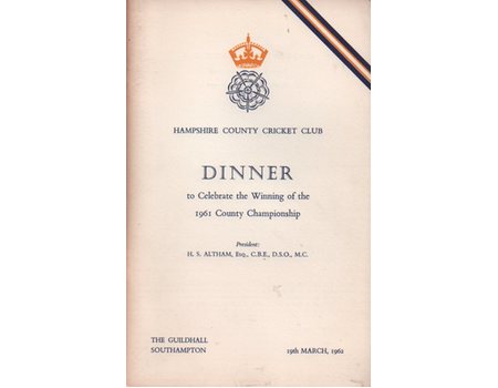 HAMPSHIRE COUNTY CRICKET CLUB DINNER MENU 1962 - TO CELEBRATE 1961 COUNTY CHAMPIONSHIP