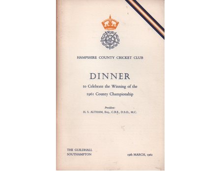 HAMPSHIRE COUNTY CRICKET CLUB DINNER MENU 1962 - TO CELEBRATE 1961 COUNTY CHAMPIONSHIP
