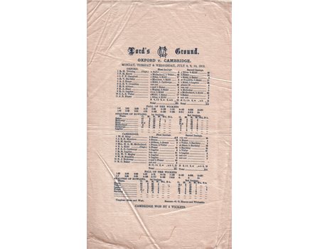 OXFORD UNIVERSITY V CAMBRIDGE UNIVERSITY 1912 SILK CRICKET SCORECARD
