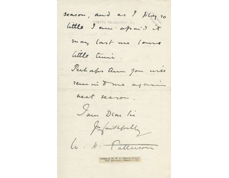 WILLIAM PATTERSON (OXFORD UNIVERSITY & KENT) 1892 CRICKET LETTER