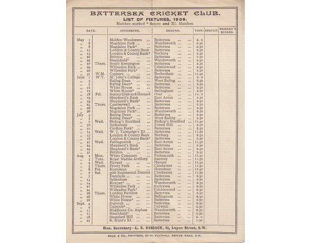 BATTERSEA CRICKET CLUB 1909 FIXTURE CARD
