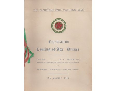 GLADSTONE PARK SWIMMING CLUB 1934 - DINNER MENU