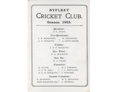 BYFLEET CRICKET CLUB (SURREY) 1905 FIXTURES CARD
