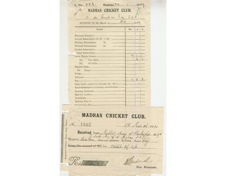 MADRAS CRICKET CLUB BILL AND RECEIPTS, DATED 1929 AND 1930