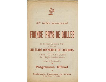 FRANCE V WALES 1957 RUGBY PROGRAMME