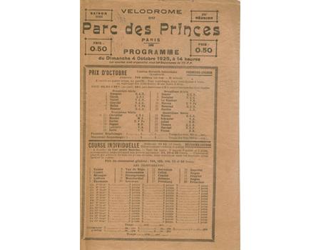 PARC DES PRINCES: "LES 100 MILES" 1925 MOTORCYCLING PROGRAMME