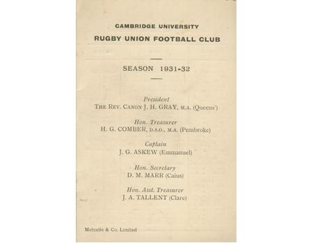 CAMBRIDGE UNIVERSITY RUGBY CLUB 1931-32 FIXTURE CARD