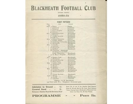 BLACKHEATH V LEICESTER 1950 RUGBY PROGRAMME