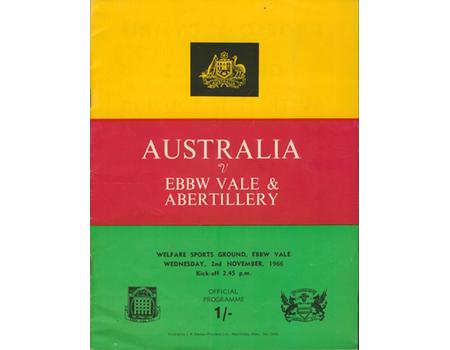 EBBW VALE & ABERTILLERY V AUSTRALIA 1966-67 RUGBY PROGRAMME