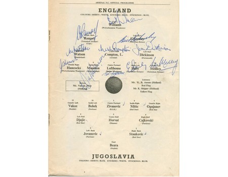 ENGLAND V YUGOSLAVIA 1950 FOOTBALL PROGRAMME (FULLY SIGNED BY ENGLAND)