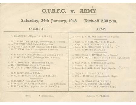 OXFORD UNIVERSITY V THE ARMY 1948 RUGBY PROGRAMME