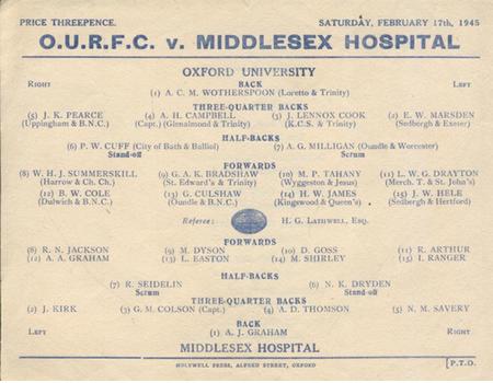 OXFORD UNIVERSITY V MIDDLESEX HOSPITAL 1945 RUGBY PROGRAMME