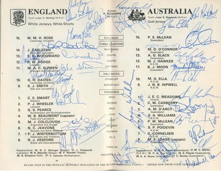 ENGLAND V AUSTRALIA 1982 SIGNED RUGBY PROGRAMME
