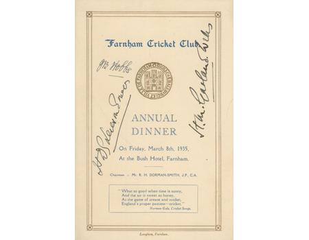 FARNHAM CRICKET CLUB 1935 SIGNED MENU (SIGNED BY HOBBS ETC.)