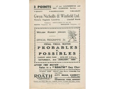 WALES PROBABLES V POSSIBLES 1959 RUGBY PROGRAMME