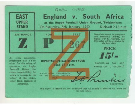 ENGLAND V SOUTH AFRICA 1952 RUGBY TICKET