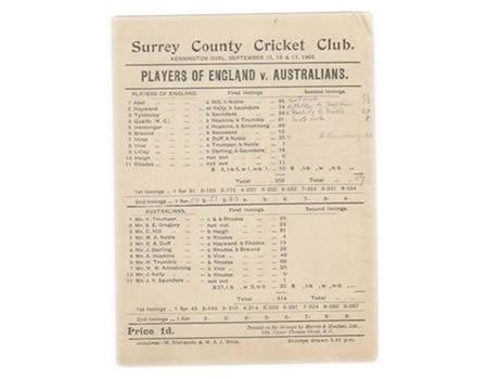 PLAYERS OF ENGLAND V AUSTRALIANS 1902 CRICKET SCORECARD