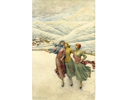 THREE WOMEN SKATING ON A LAKE WITH MOUNTAINS BEHIND (postcard)
