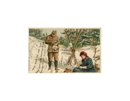 TWO SKIIERS STOPPING FOR REFRESHMENTS (BELGIUM) postcard
