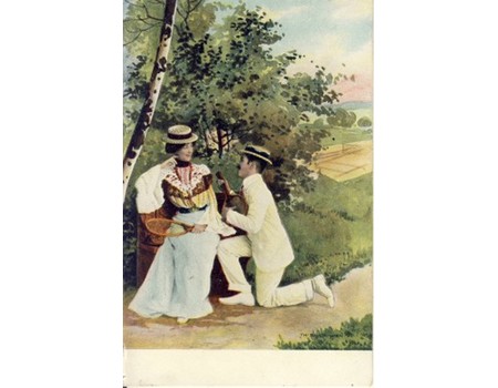 MAN ON ONE KNEE COURTING WOMAN SITTING ON BENCH