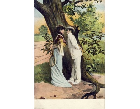 TENNIS COUPLE COURTING UNDER A TREE WITH RACQUETS IN HAND
