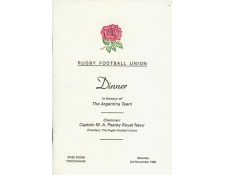 ENGLAND V ARGENTINA 1990 RUGBY MENU