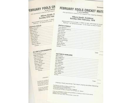 FEBRUARY FOOLS CRICKET MATCH SCORECARDS 1976 AND 1977 (GUILDFORD)